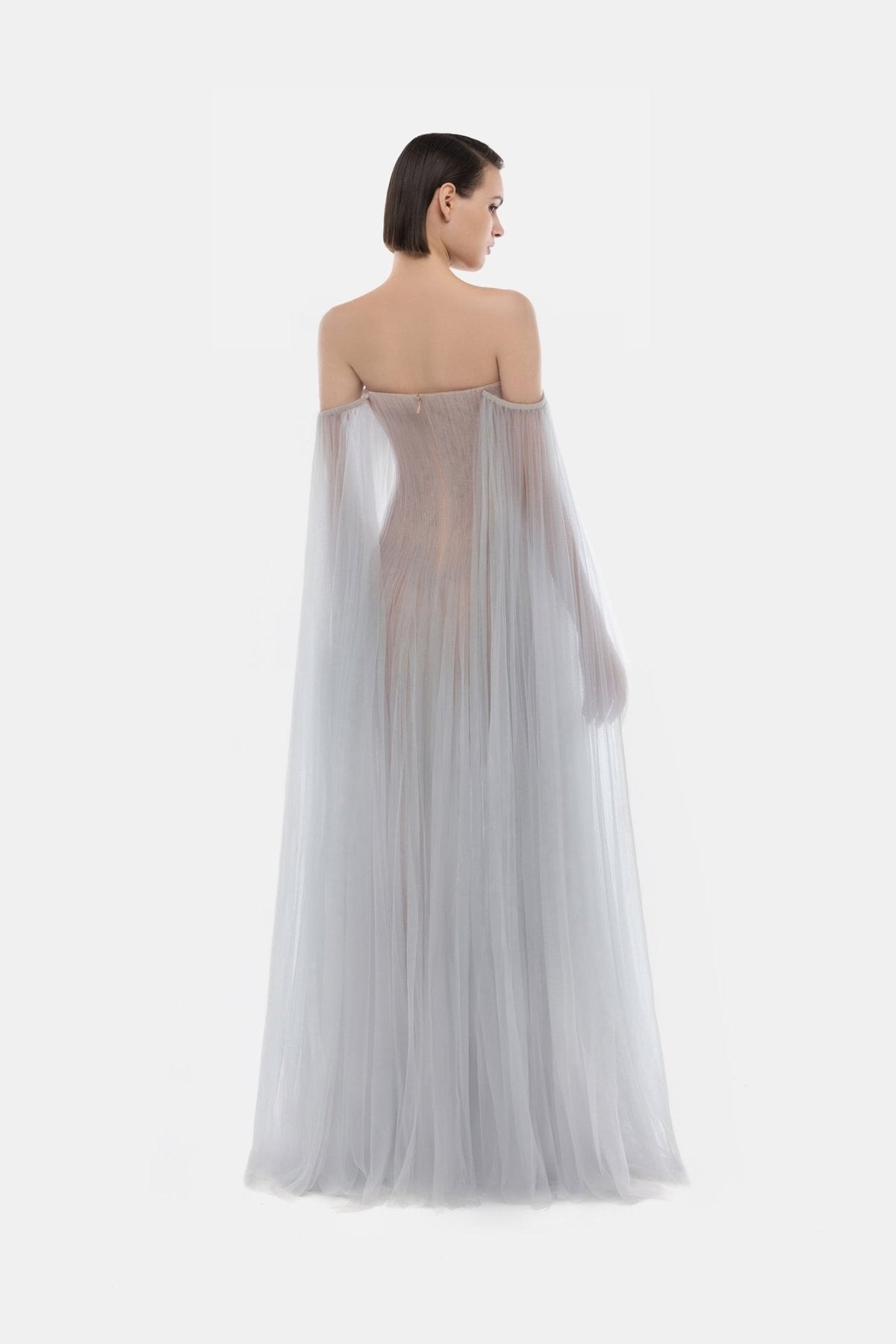Grey Tulle Off-shoulder Maxi Dress