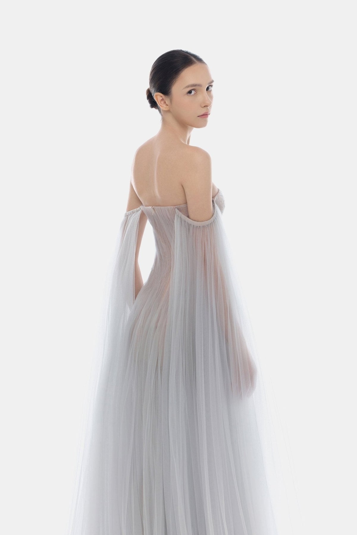 Grey Tulle Off-shoulder Maxi Dress