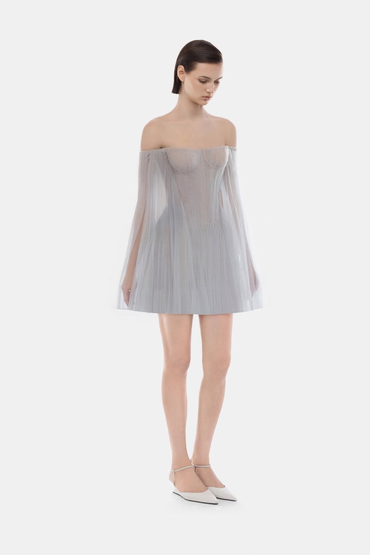 Grey Tulle Off-shoulder Mini Dress