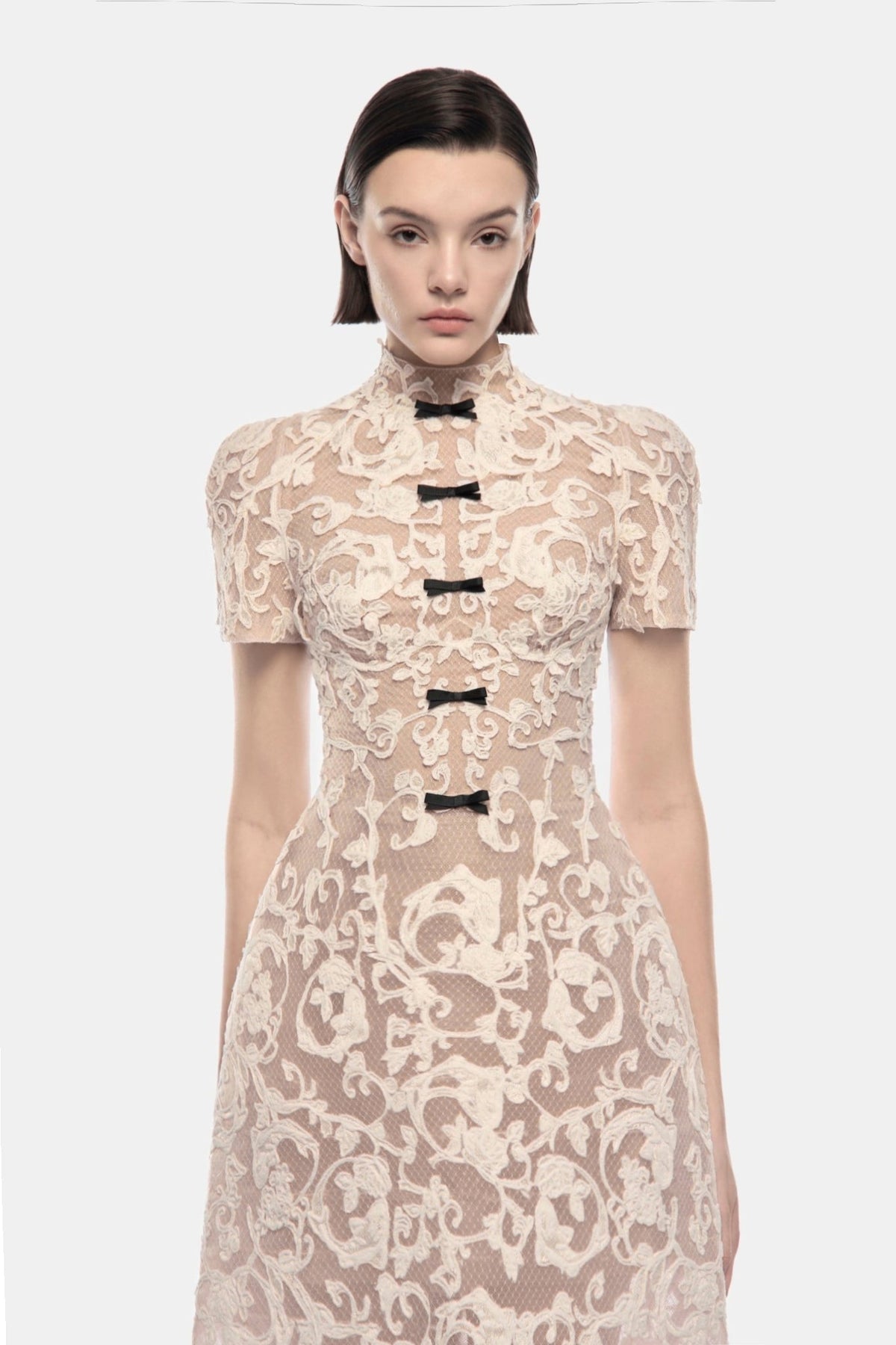 Ivory Brocade Bow Maxi Dress