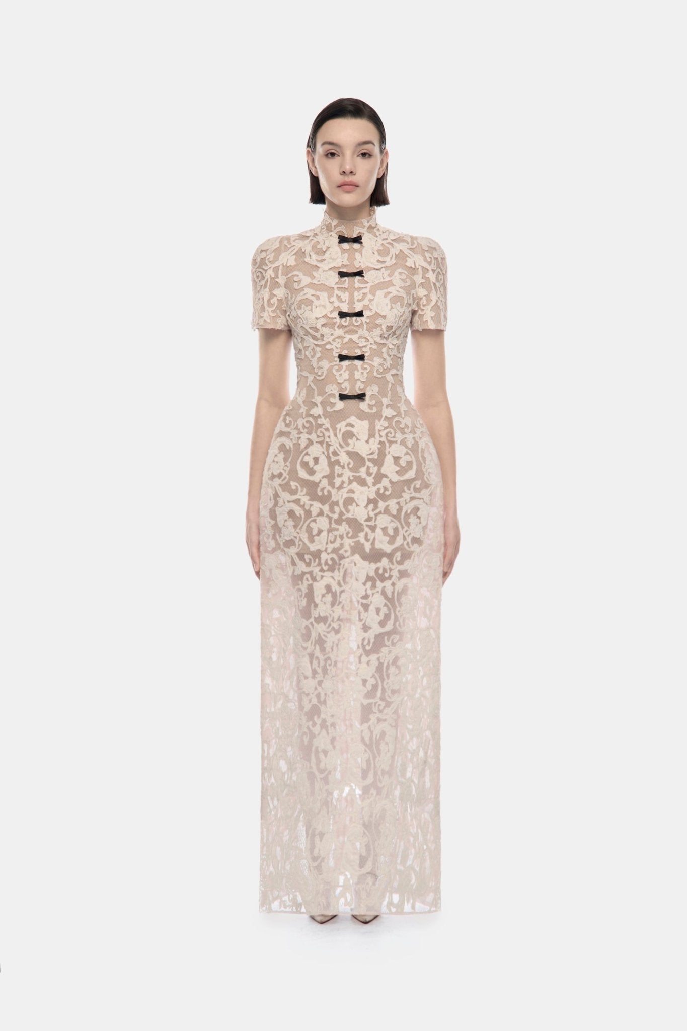 Ivory Brocade Bow Maxi Dress