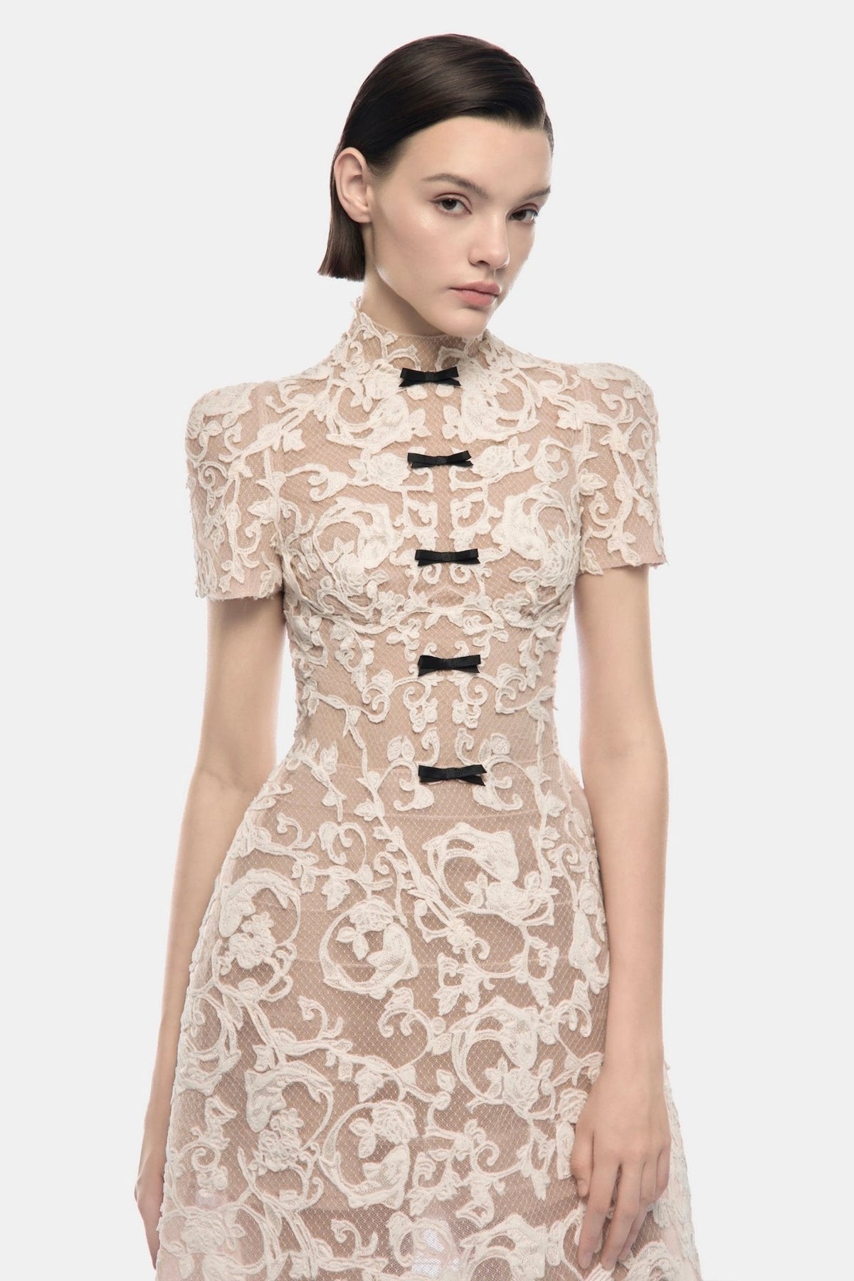 Ivory Brocade Bow Midi Dress