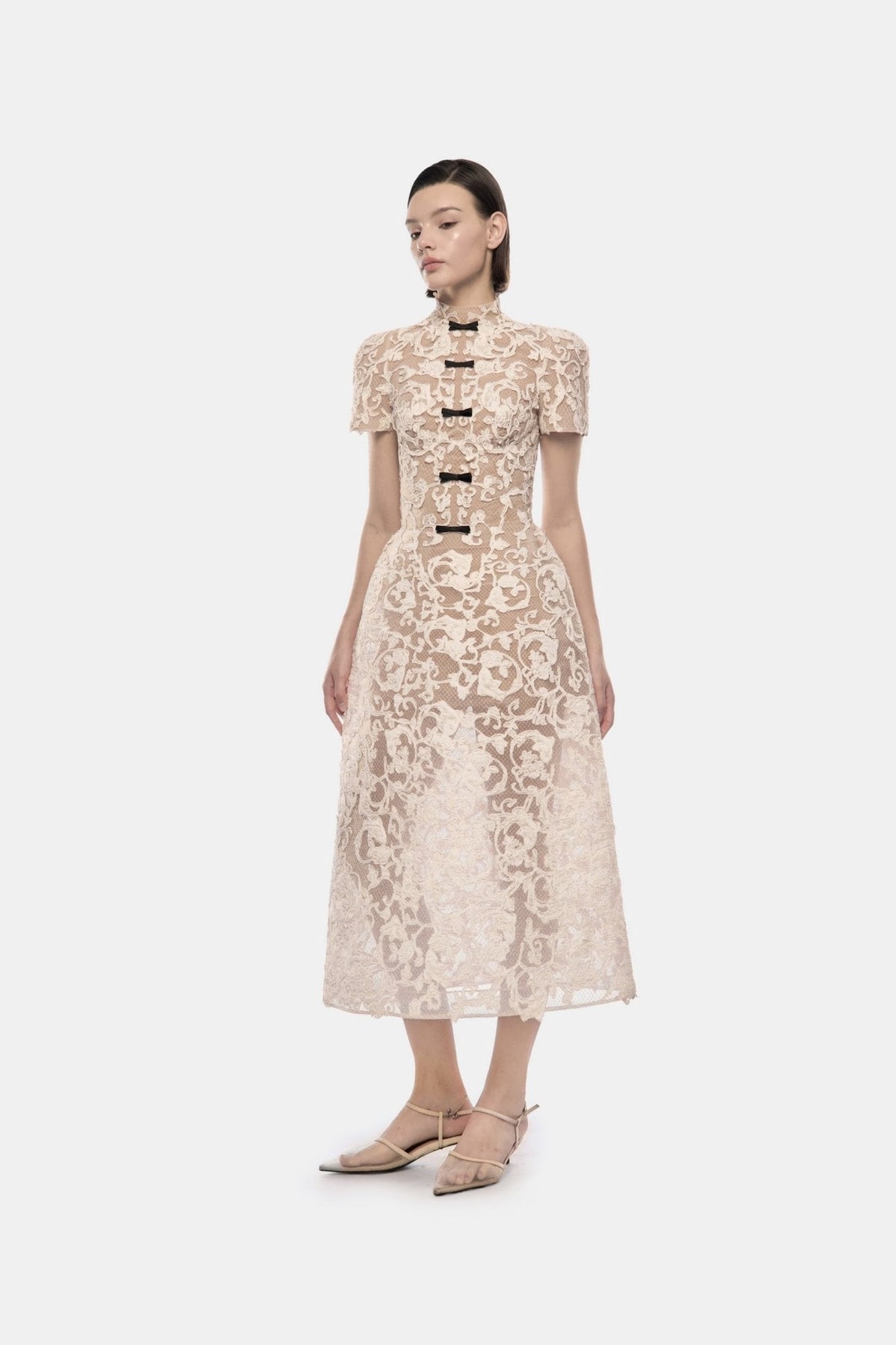 Ivory Brocade Bow Midi Dress