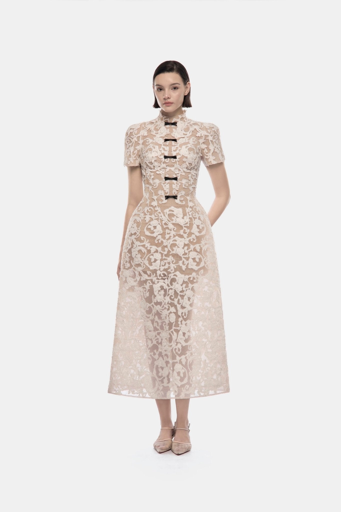 Ivory Brocade Bow Midi Dress