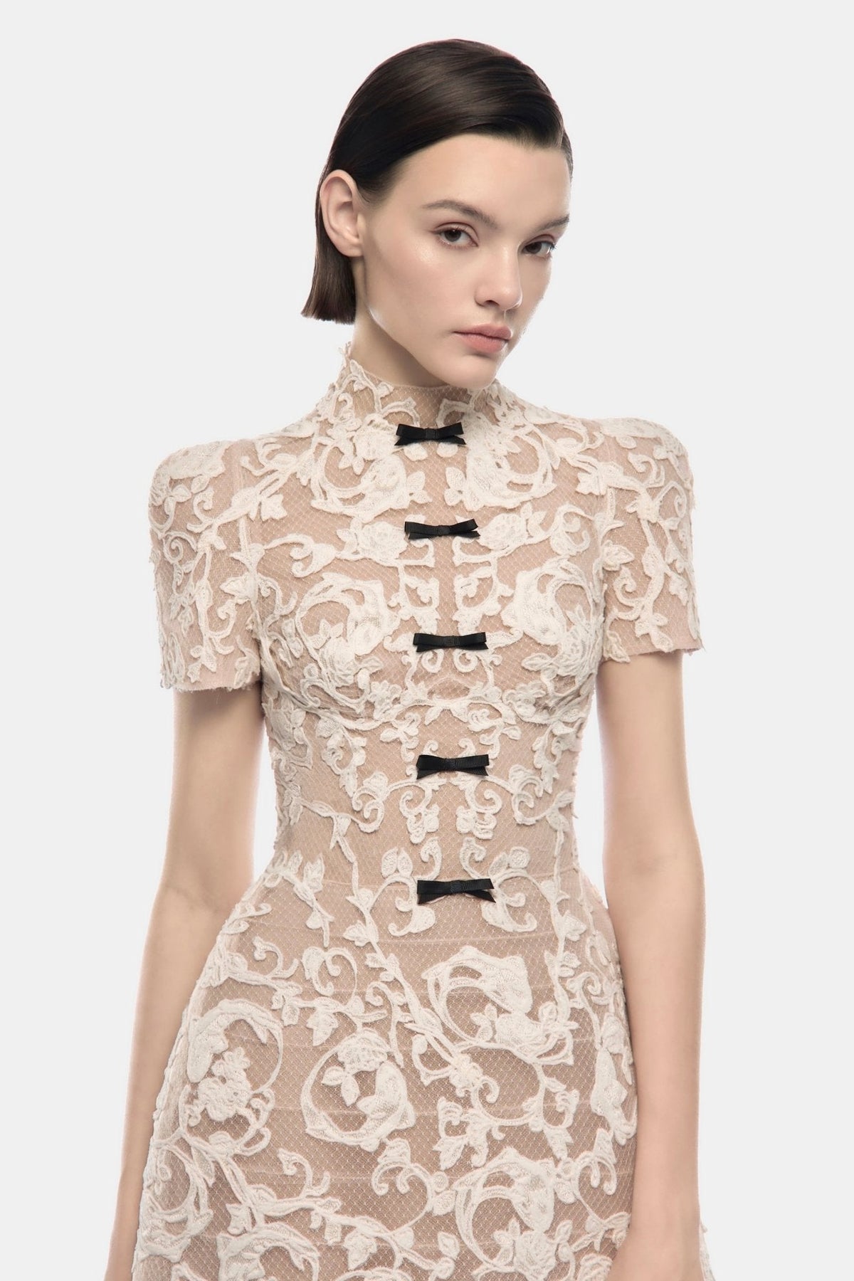 Ivory Brocade Bow Mini Dress