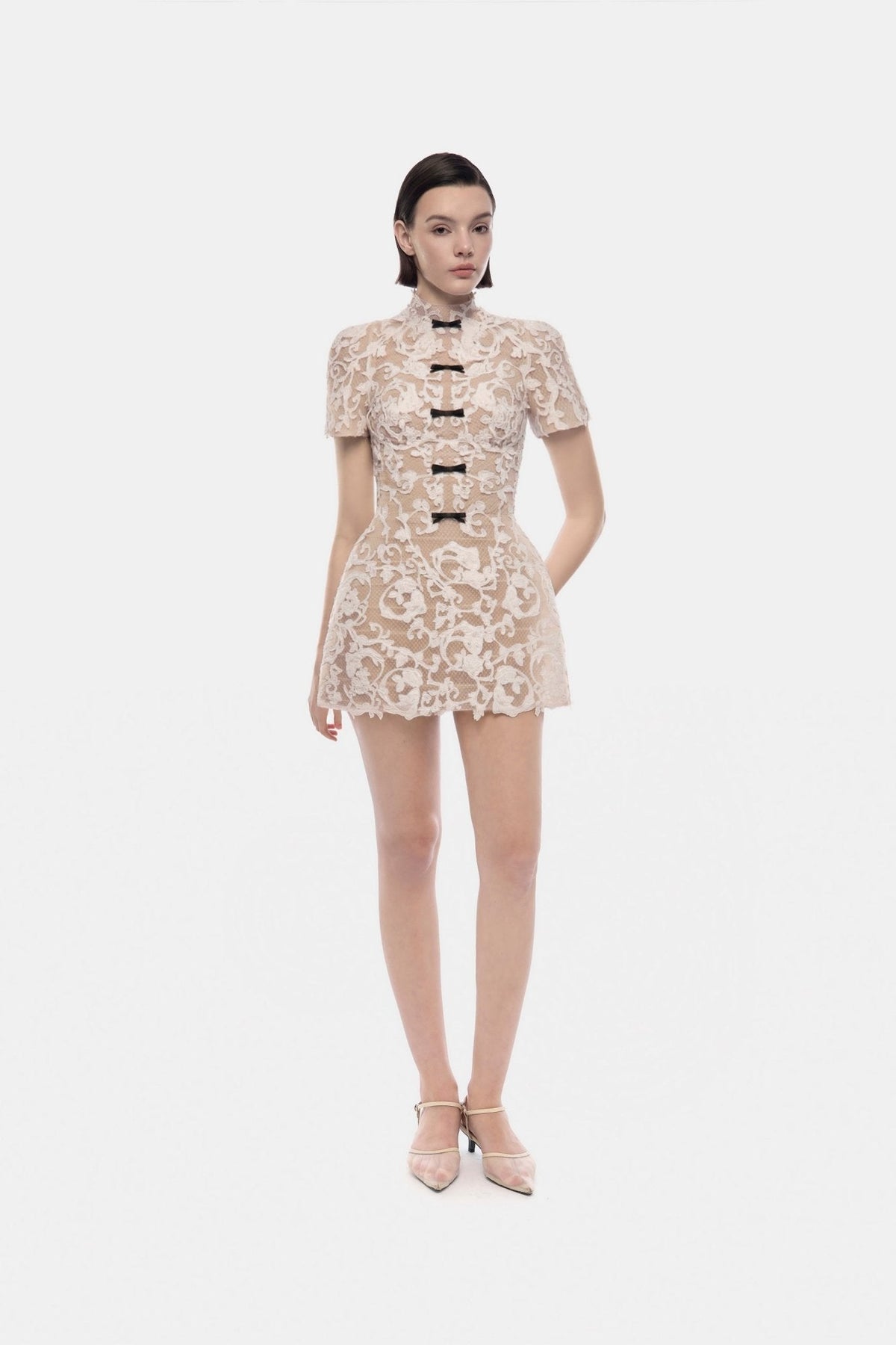Ivory Brocade Bow Mini Dress