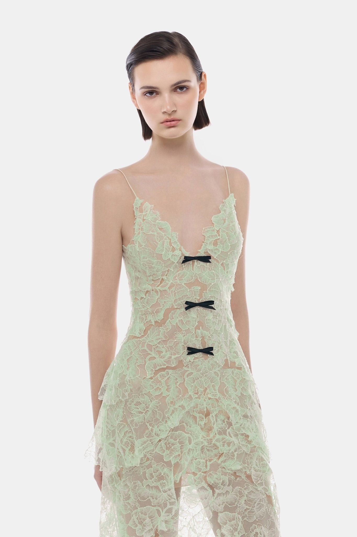 Mint Floral Bow Vneck Midi Dress