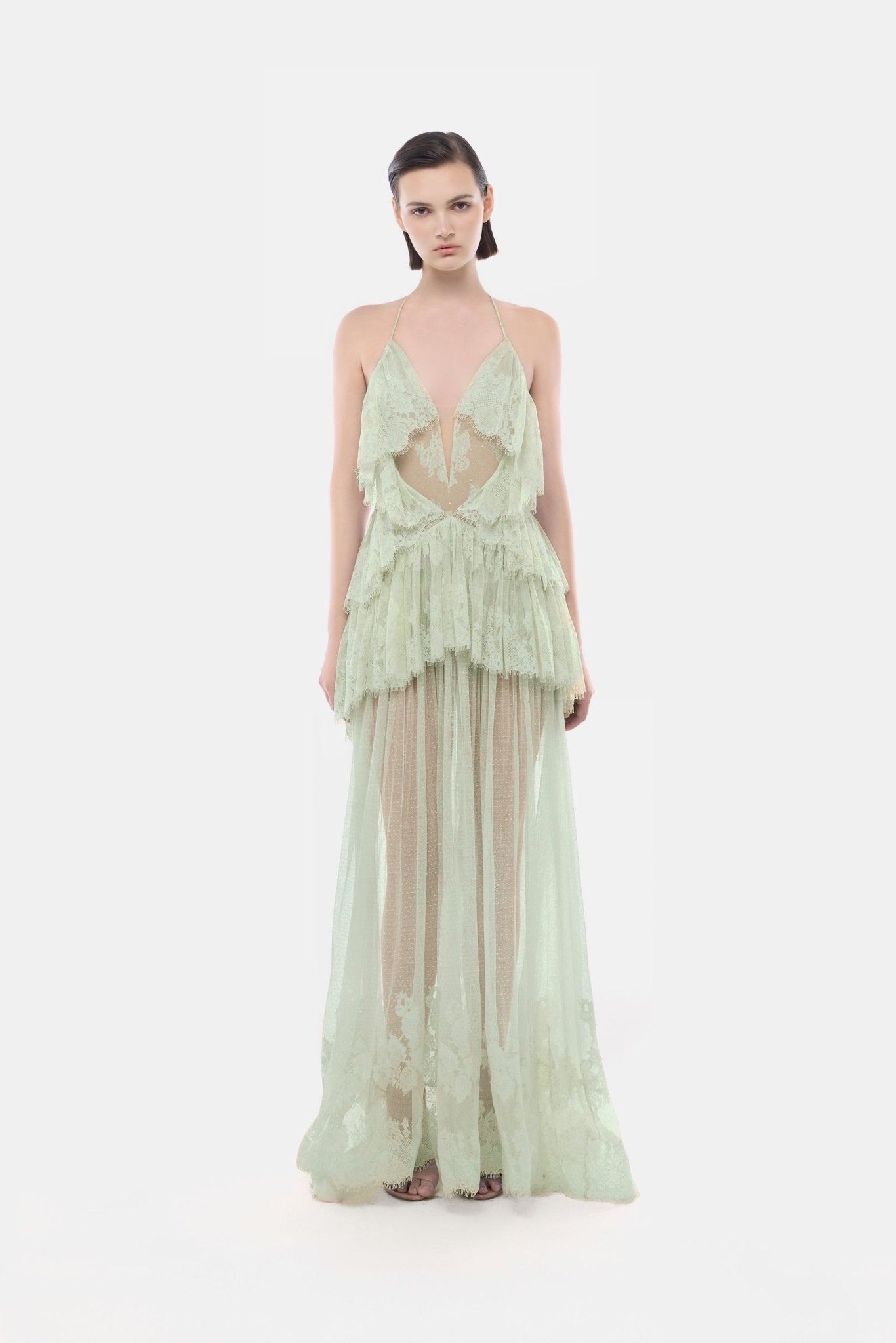 Mint Open-Back Tiered Mesh Dress