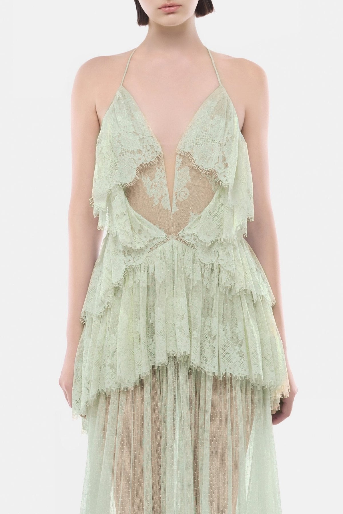 Mint Open-Back Tiered Mesh Dress