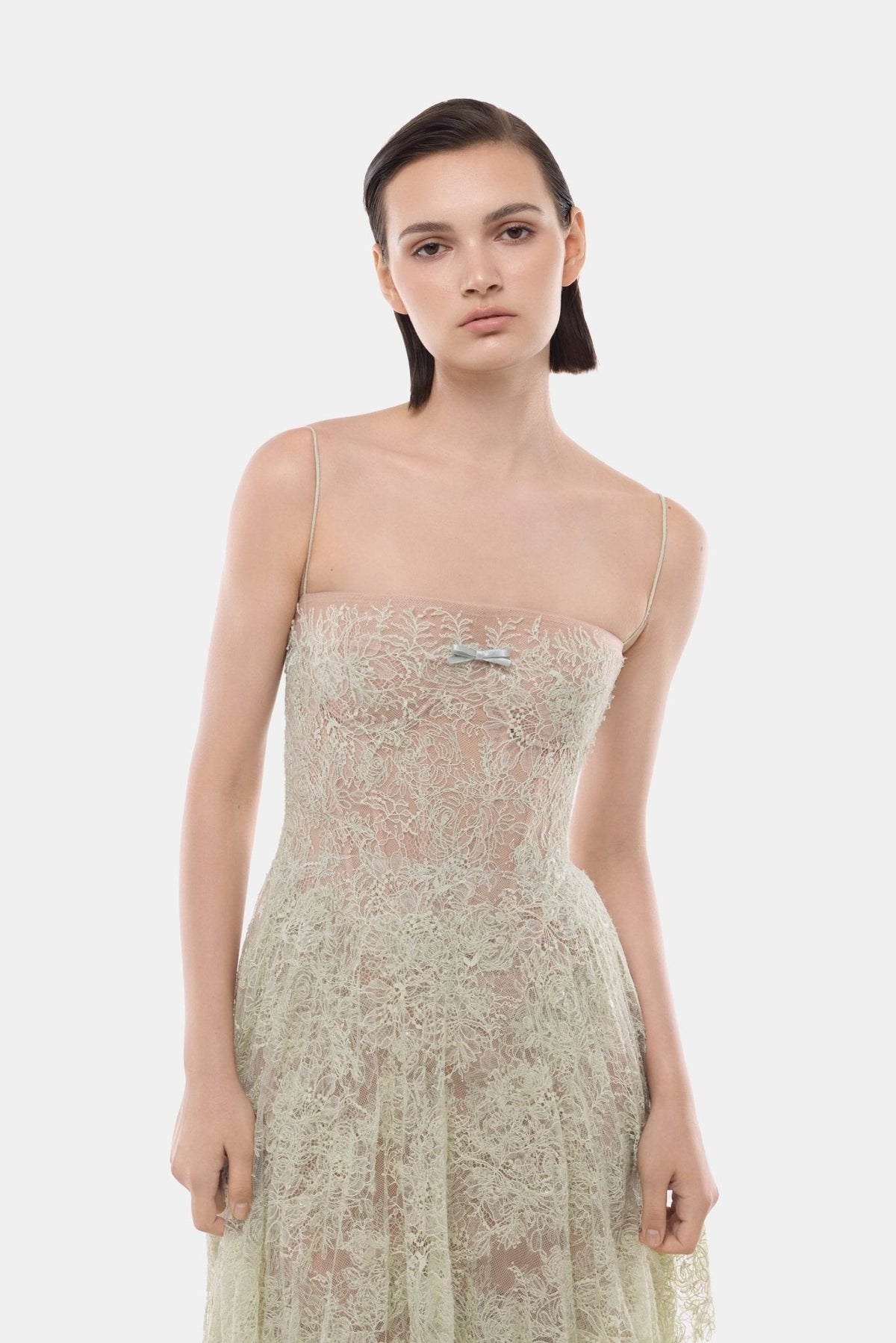 Mint Straight Neckline Pleat Midi Dress