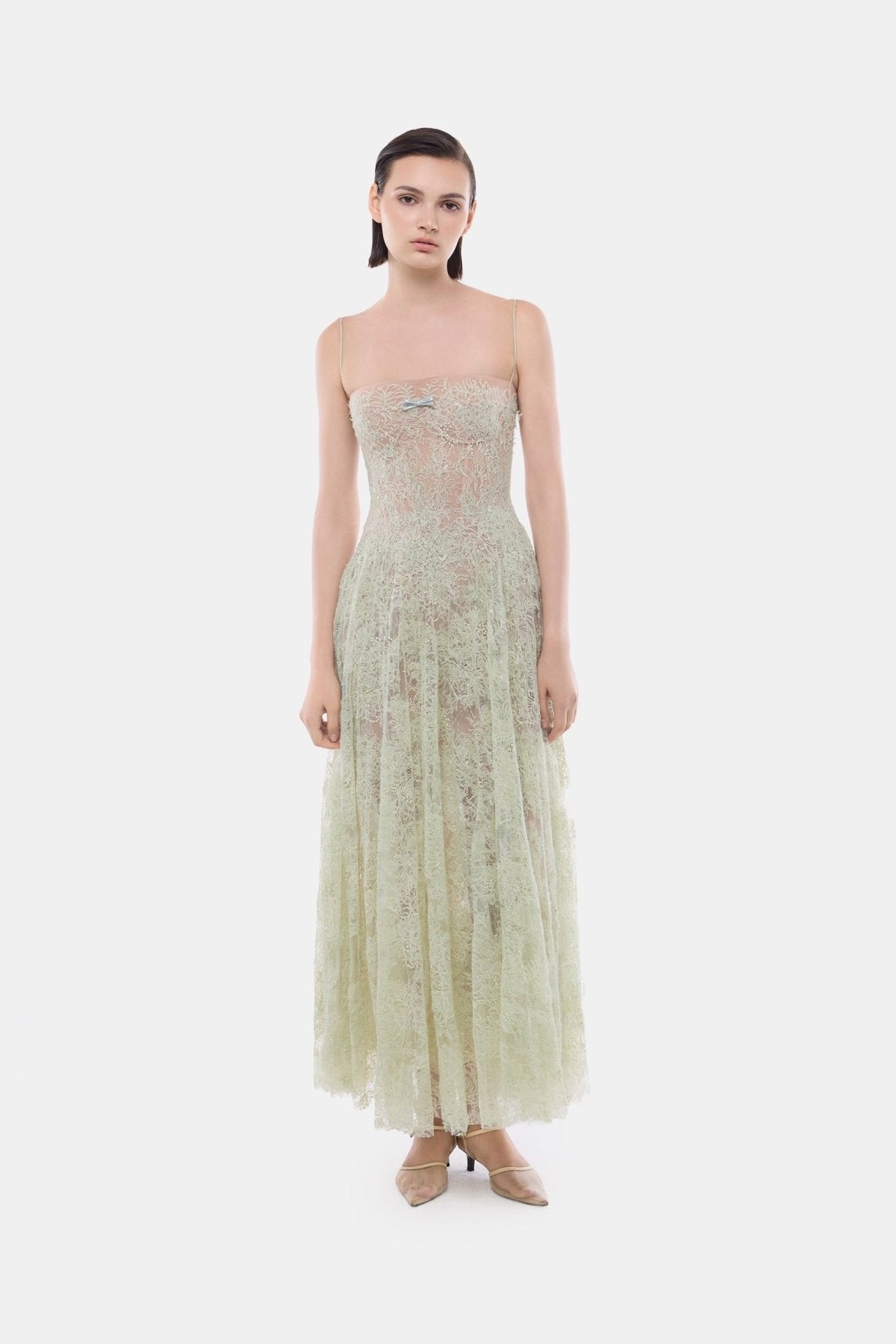 Mint Straight Neckline Pleat Midi Dress