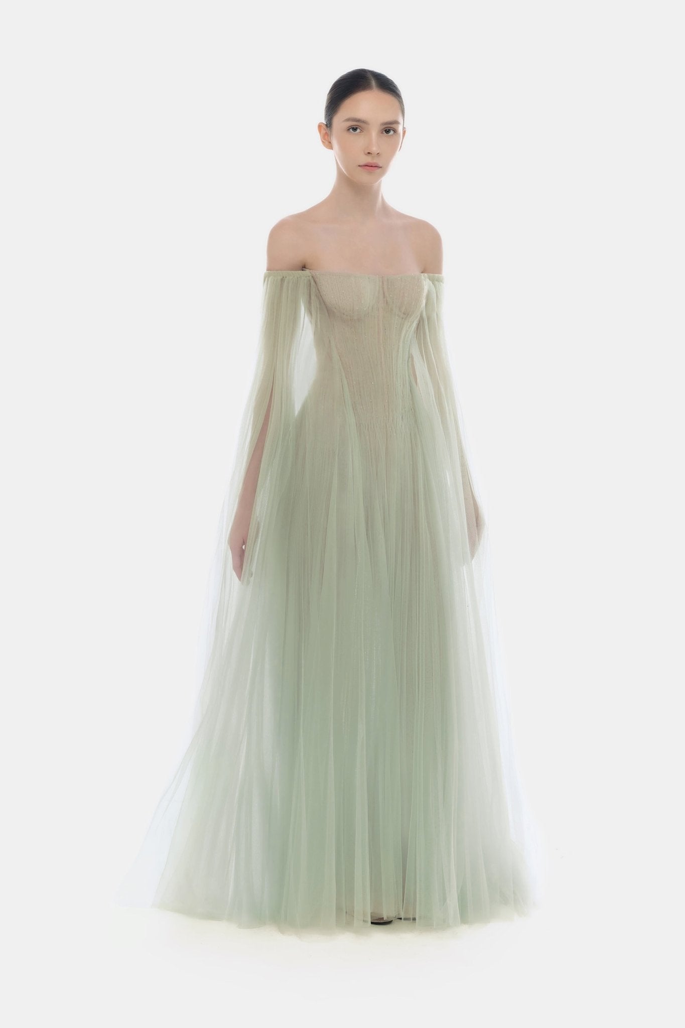 Mint Tulle Off-shoulder Maxi Dress