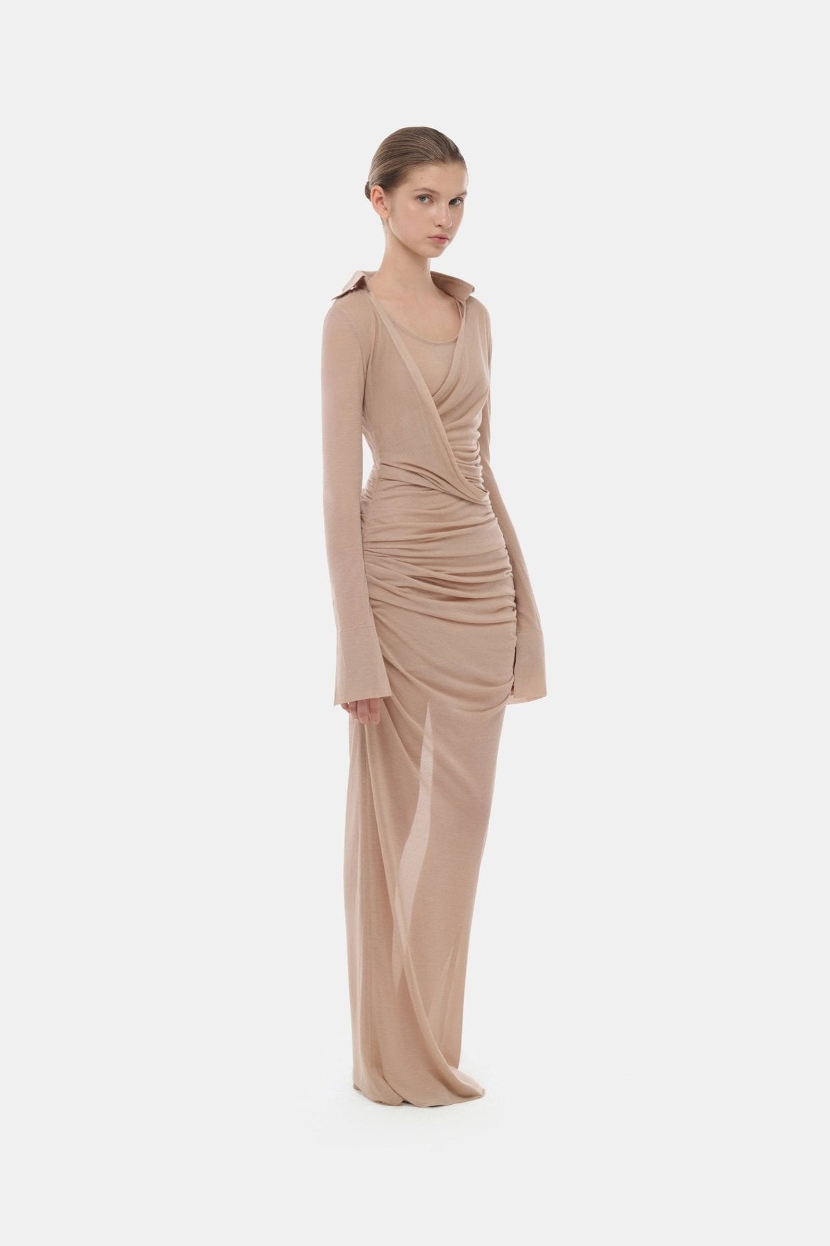 Nude Draped Ruched Jersey Dress