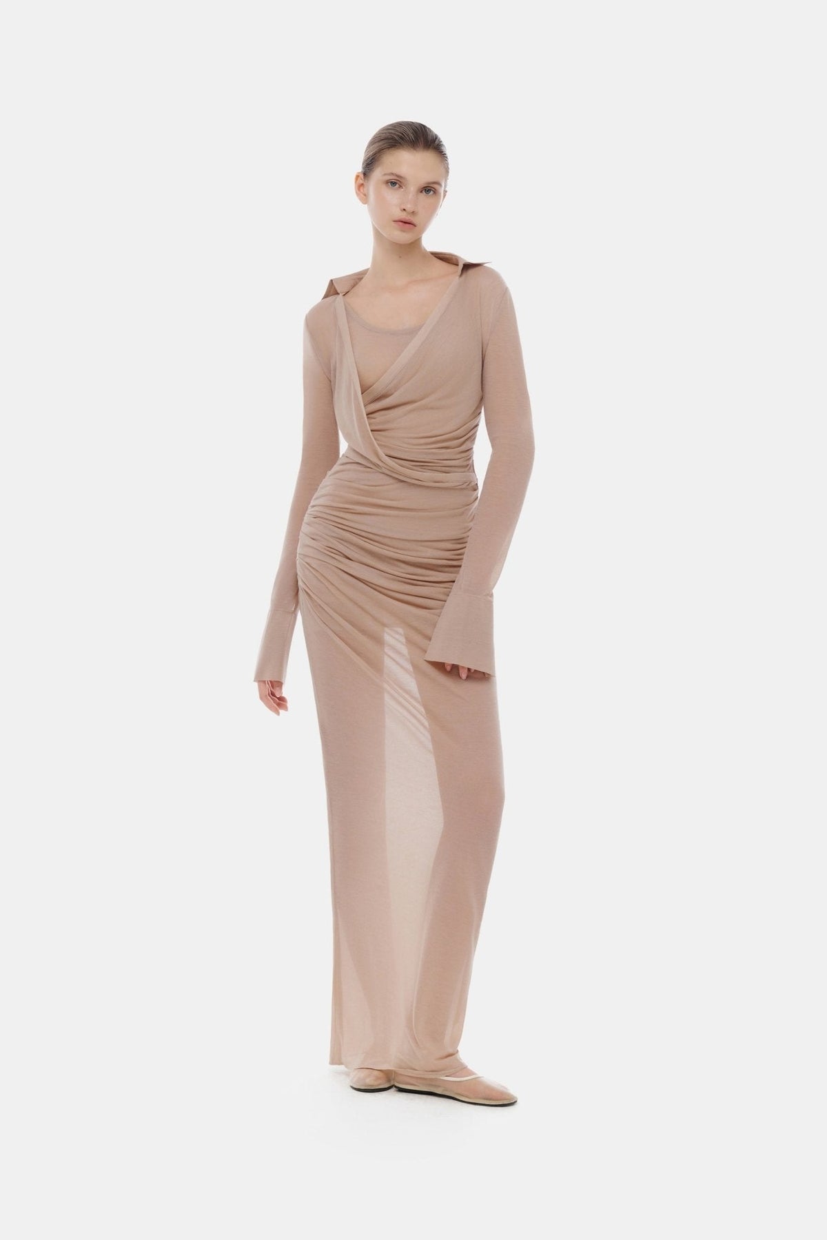 Nude Draped Ruched Jersey Dress