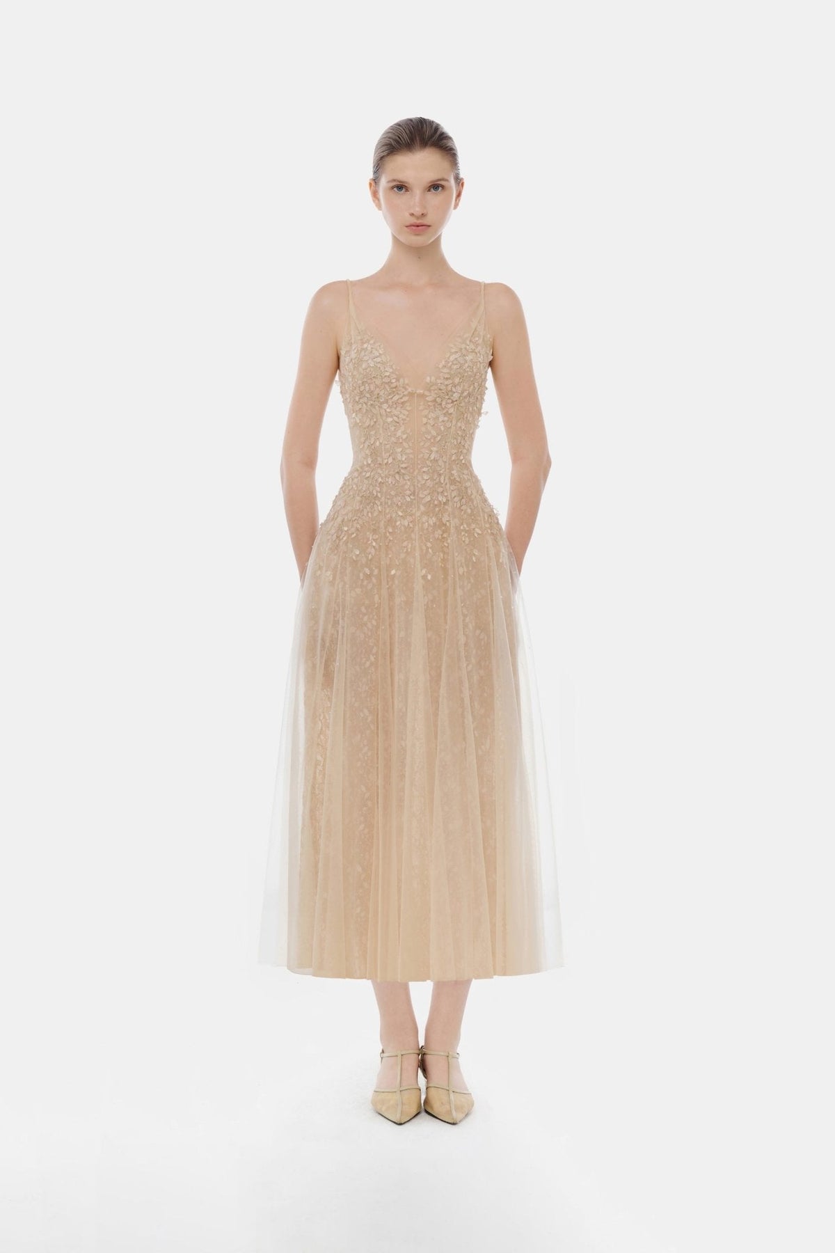 Pastel Deep-V Midi Dress