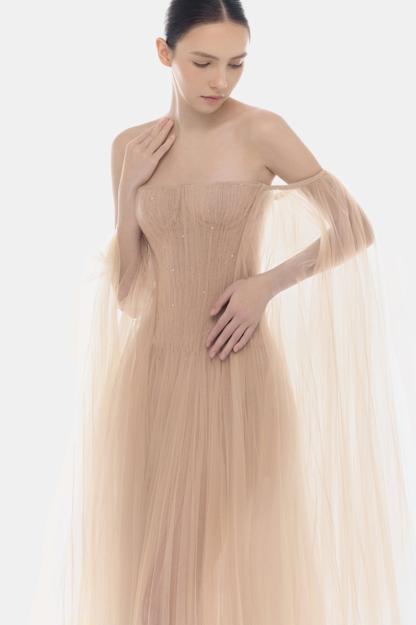 Peach Tulle Off-shoulder Maxi Dress