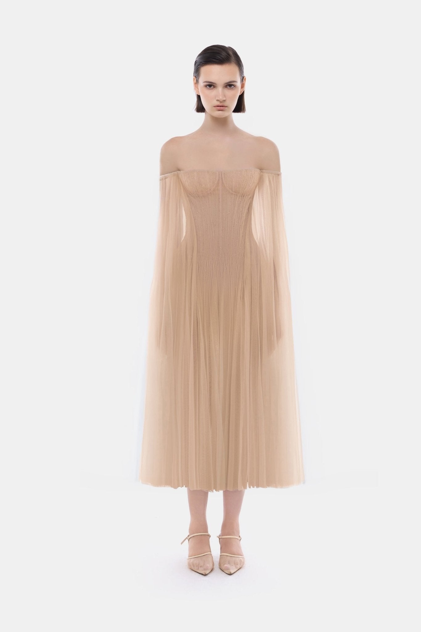 Peach Tulle Off-shoulder Midi Dress