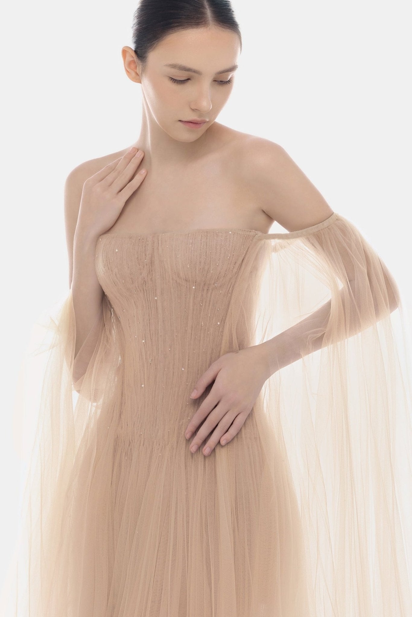 Peach Tulle Off-shoulder Mini Dress