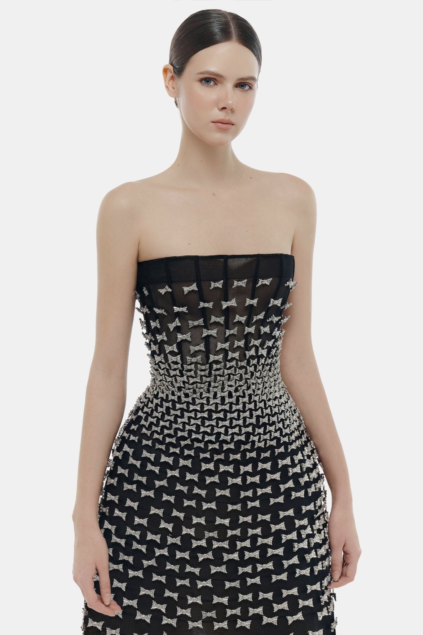 Silver Bow Strapless Midi Dress