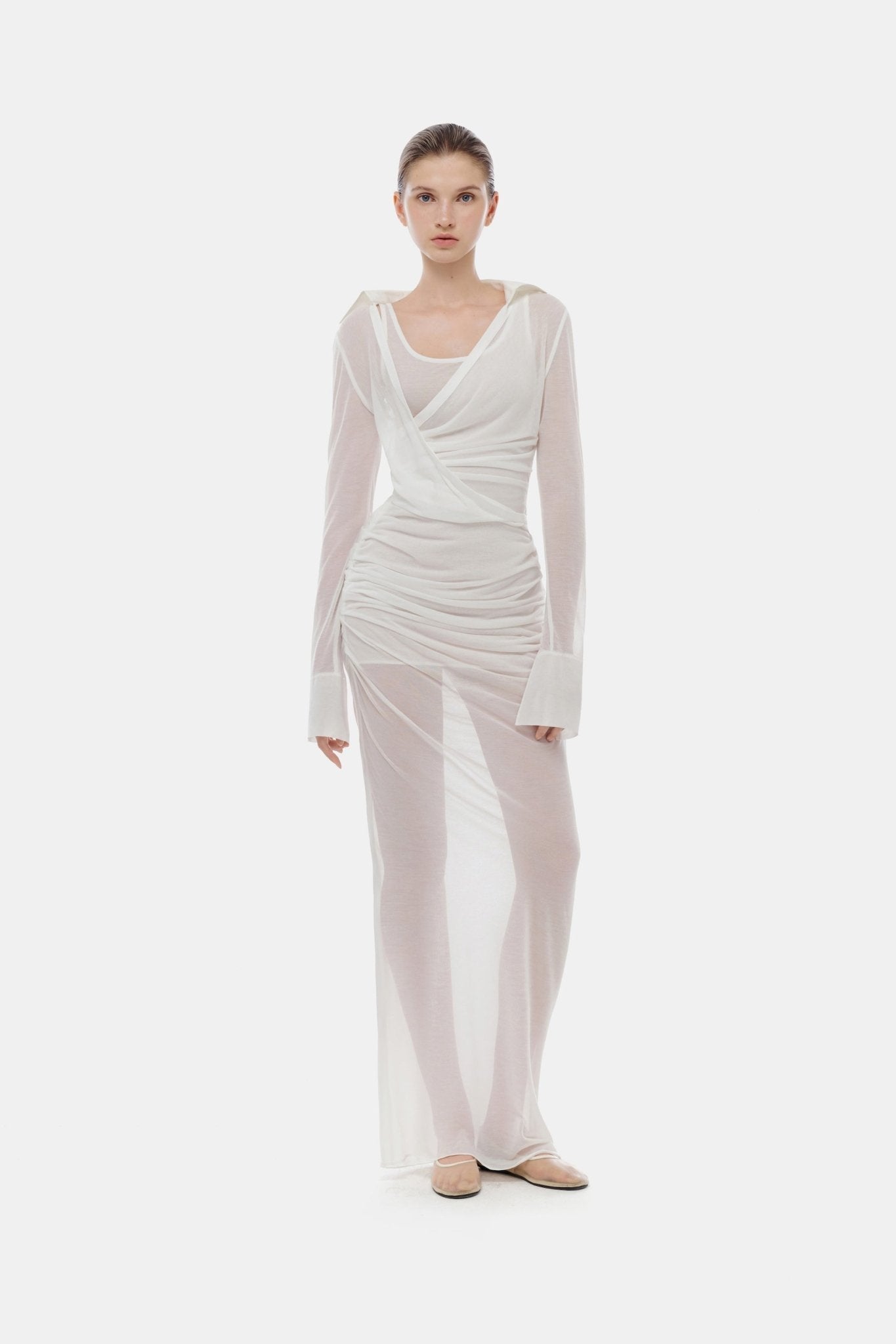 White Draped Ruched Jersey Dress